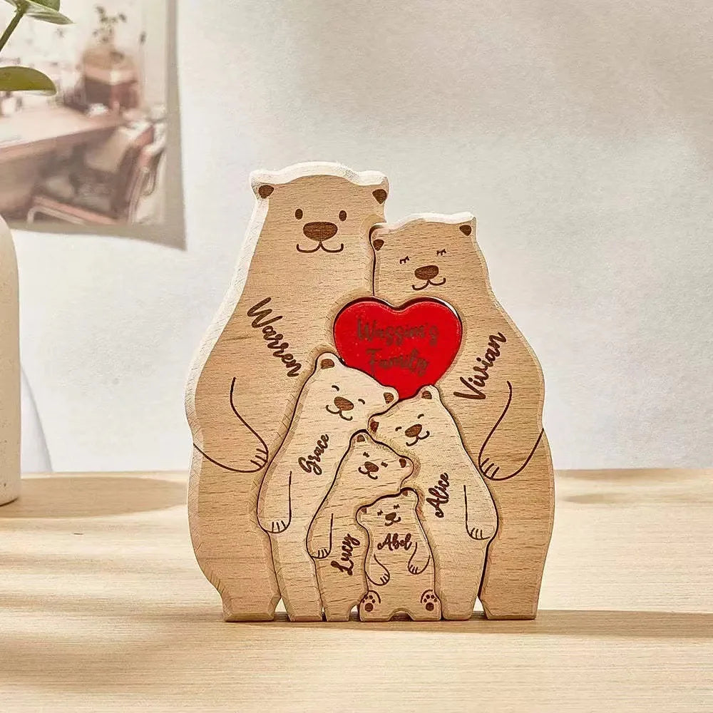Personalized Family Bear Puzzle Decor Custom Names Fits 2-6 Names Rustic Wooden Bears Seasonal Décor for Mother's & Father's Day Beauty World Shop