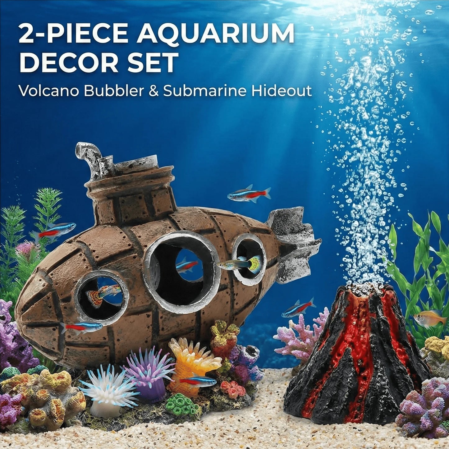 Aquarium Decoration Set Resin Submarine & Volcano Air Bubbler Fish Tank Ornaments Landscape Accessories for Betta Shrimp Decor Beauty World Shop