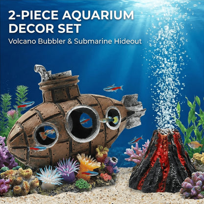 Aquarium Decoration Set Resin Submarine & Volcano Air Bubbler Fish Tank Ornaments Landscape Accessories for Betta Shrimp Decor Beauty World Shop