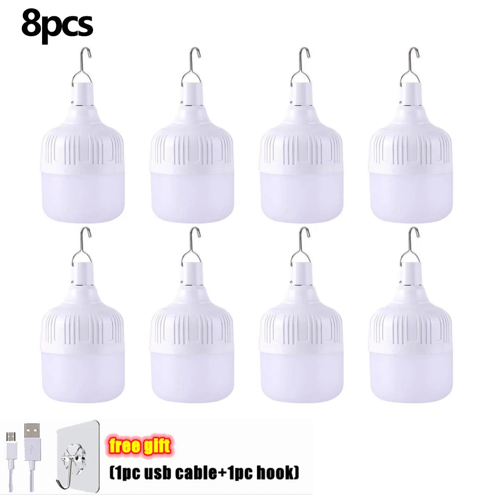 1-8pcs Portable Outdoor Camping Lights USB Rechargeable lamp LED Emergency Bulb Hook High Power Tents Lantern Night Lights Bulb Beauty World Shop