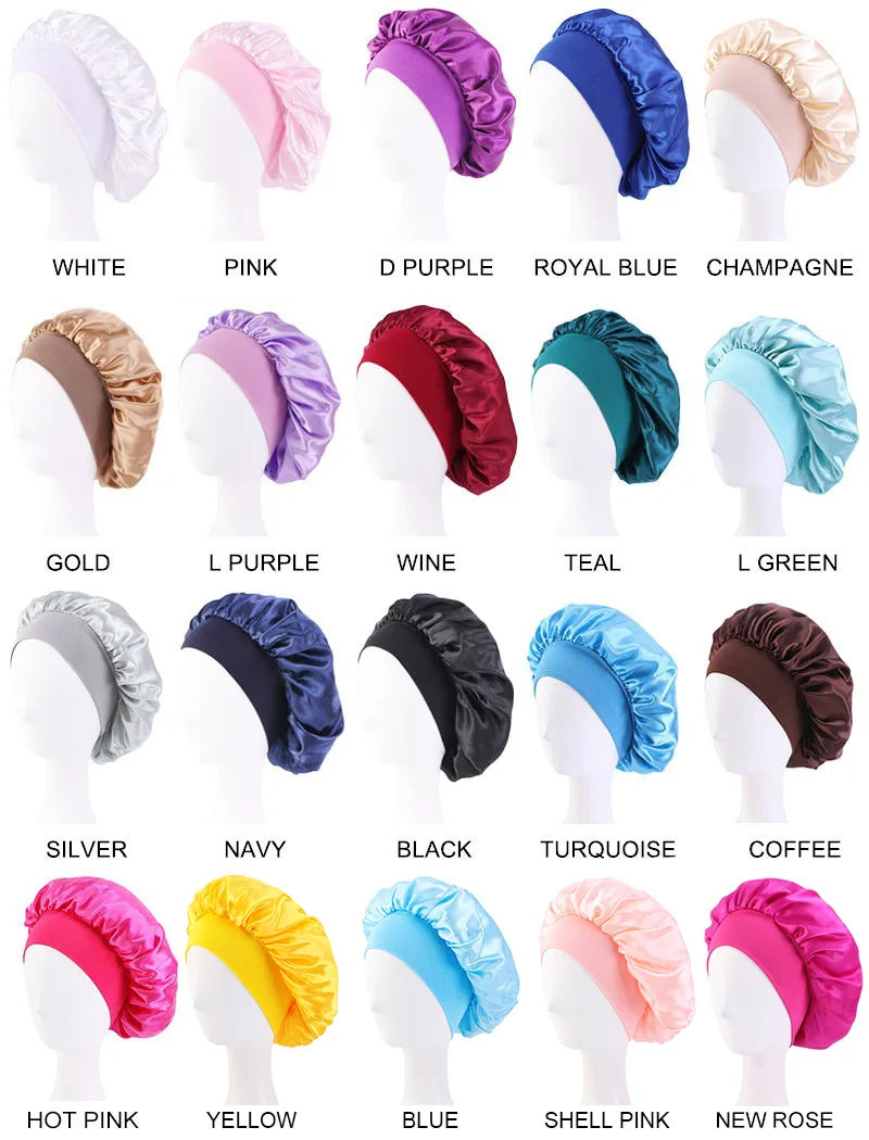 New Women's Satin Solid Wide-brimmed Sleeping Hat Unisex Head Wrap Elastic Band Cap Hair Care Bonnet Night Hat bonnet de nuit Beauty Fashion