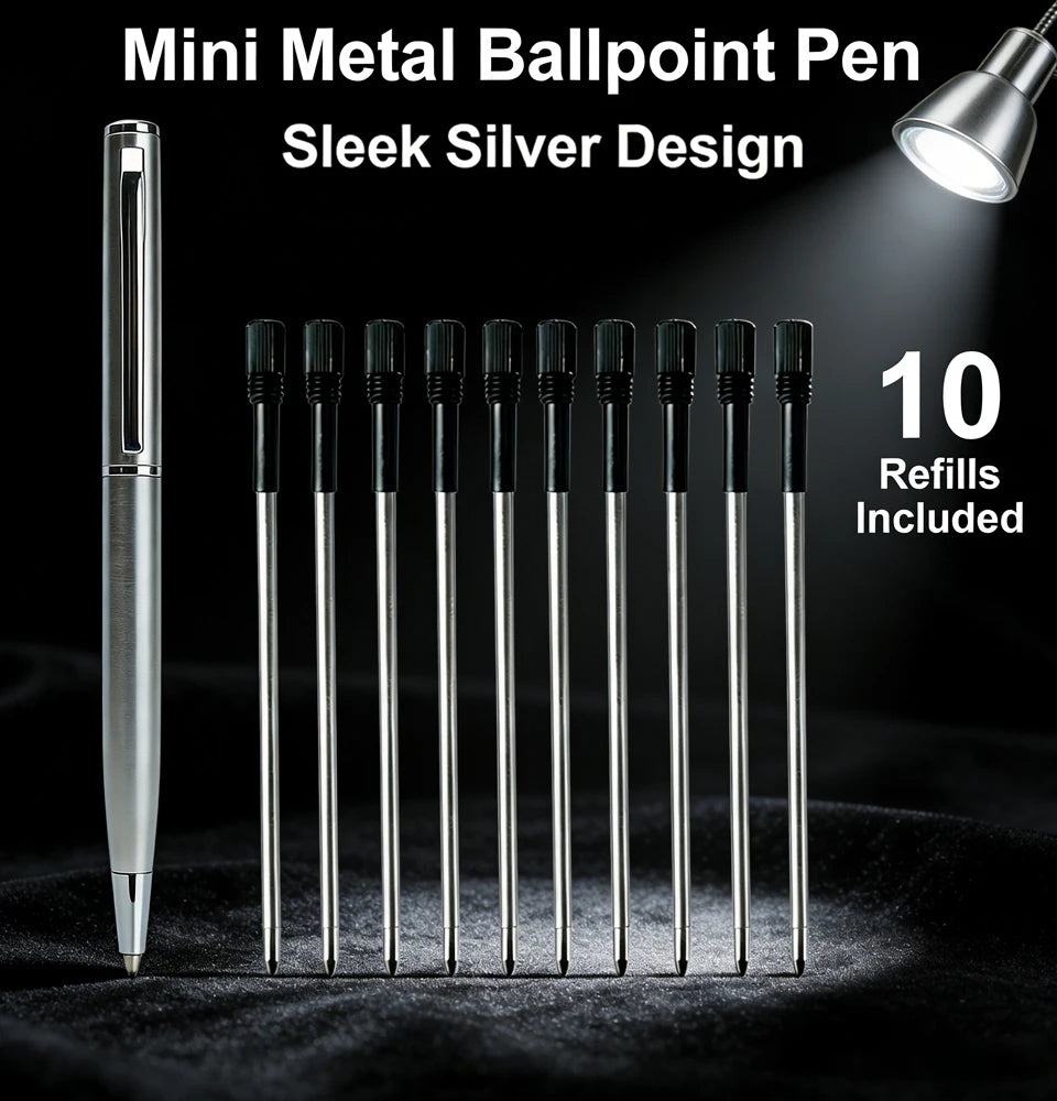 Mini Stainless Steel Metal Ballpoint Pen with 10 Replacement Refills Set, Portable Pocket Ballpen Compact Short Pen for Wallet Beauty World Shop