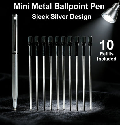 Mini Stainless Steel Metal Ballpoint Pen with 10 Replacement Refills Set, Portable Pocket Ballpen Compact Short Pen for Wallet Beauty World Shop