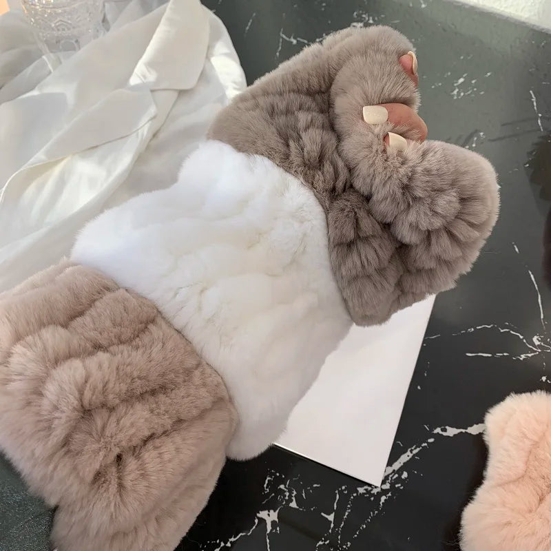 Women Handmade Stretch 100% Real Rabbit Fur Scarf Knit Genuine Rex Rabbit Fur Headbands Girls Natural Rabbit Fur Ring Scarves Beauty World Shop