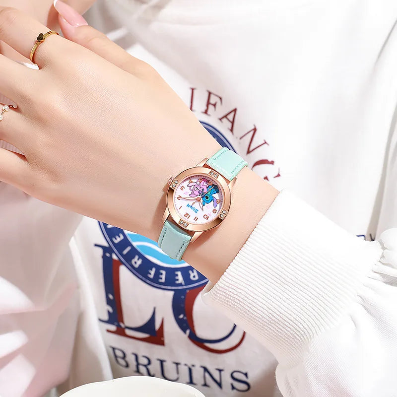 Fashion Cartoon Pattern Stitch Girls Watches Kids Leather Strap Children Watch with Rhinestone Dial reloj stich Exquisite Gift Beauty World Shop