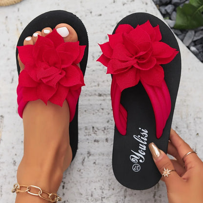 Women's Floral Flip Flops SlipOn Vacation Style Mid Heel Sandals Fabric Upper EVA Sole Insole Solid Color Summer Casual Footwear Beauty World Shop
