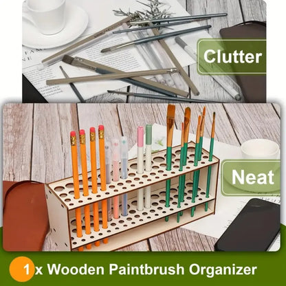 Wooden Brush Holder 67-Slot Premium Double-layer Durable Artist Desk Organizer Pencil Paint Brushes Storage Art Craft Beauty World Shop