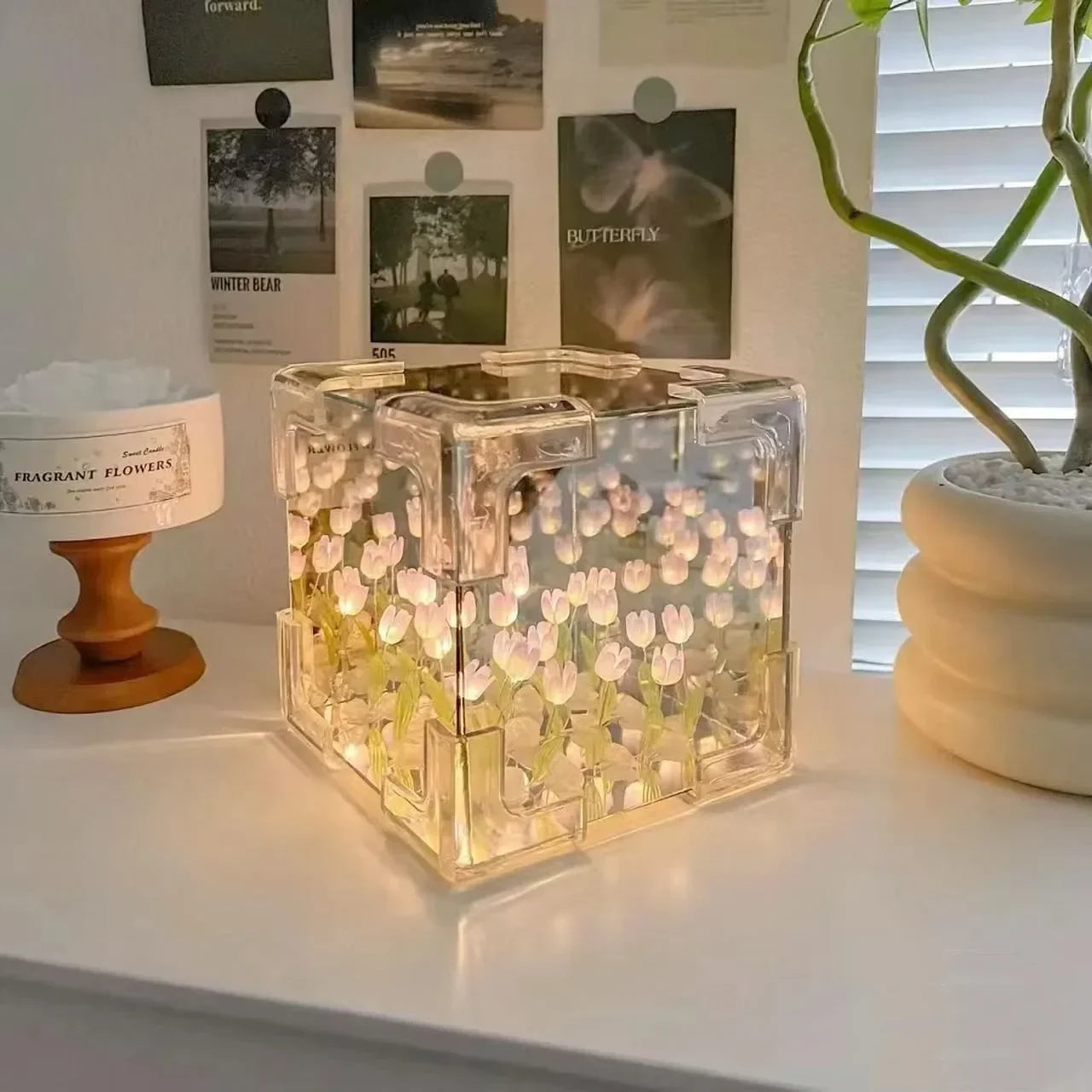 Creative Diy Tulip Flower Sea Cube Three-Dimensional Small Night Lamp Material Package for Girlfriend Couple Girlfriends Beauty World Shop