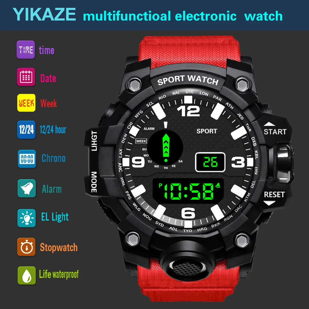 Fashion Men's Watch Sports Electronic Wristwatch Large dial Multifunctional Waterproof Luminous Alarm Kids Male's Military Watch Beauty World Shop
