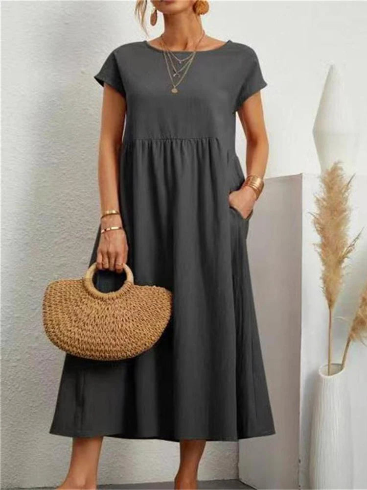 Women Elegant Solid Maxi Dress Summer Short Sleeve O Neck Vintage Harajuku Cotton Linen Loose Sundress Y2K Pockets Long Dress Beauty World Shop