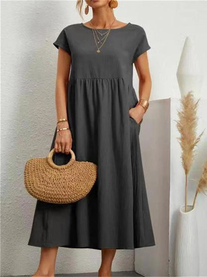 Women Elegant Solid Maxi Dress Summer Short Sleeve O Neck Vintage Harajuku Cotton Linen Loose Sundress Y2K Pockets Long Dress Beauty World Shop