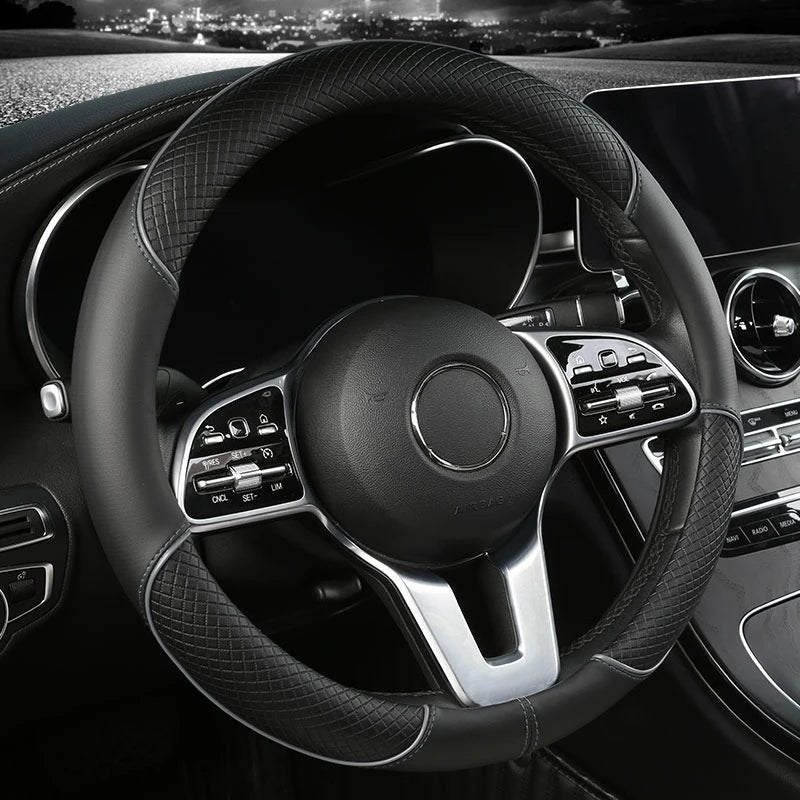 All Seasons Leather Diamond Steering Wheel Cover Universal Fit for 14 .5-15 Inch Durable Leather Cover Anti-Slip Veins Design Beauty World Shop