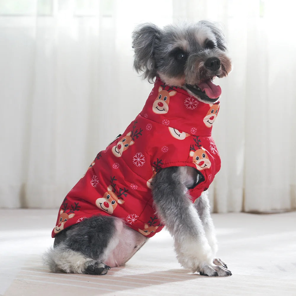 New Year Pet Coat For Christmas Deer Print Dog Jacket With D-ring Waterproof Pets Costume For Small Medium Dogs Bulldog Clothes