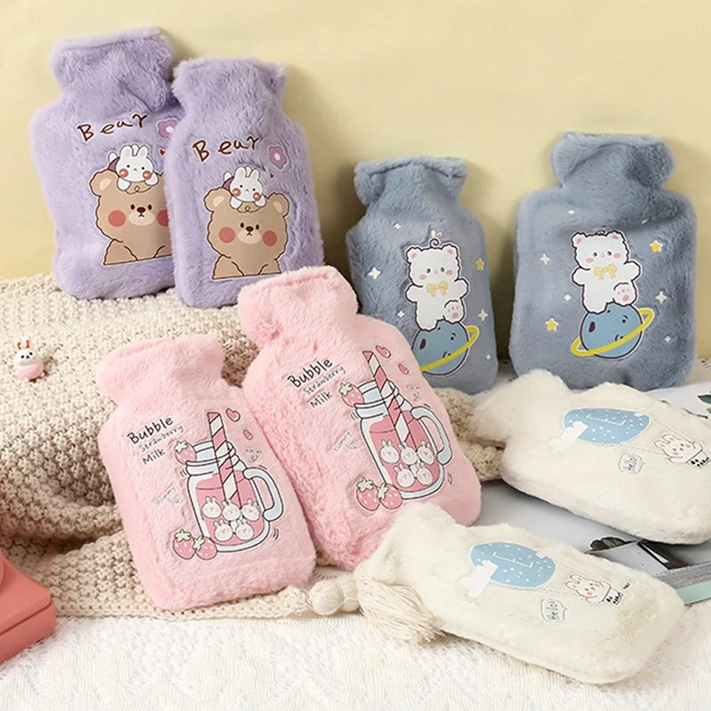 Cartoon Plush Rabbit Bear Hot Water Bottle Water Filling Velvet Small Portable Student Hand Warmer Cute Warm Water Bag Beauty World Shop