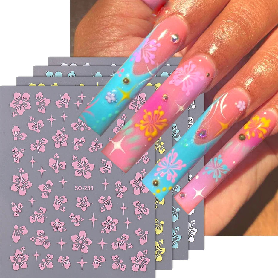 4pcs/set Hibiscus Flowers Nail Sticker Y2K Star Adhesive Nail Art Supplies Decal for Women Nail Supplies DIY Manicure Decoration Beauty World Shop
