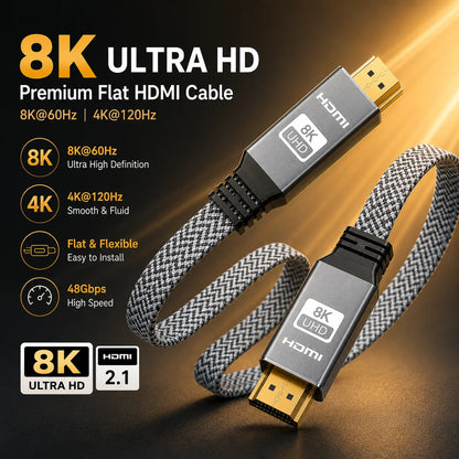 8K HDMI 2.1 Cable, 48Gbps Flat Braided HDMI Cord, Supports 8K60Hz and 4K120Hz, Aluminum Alloy Shell for TV, Monitor, Projector Beauty World Shop