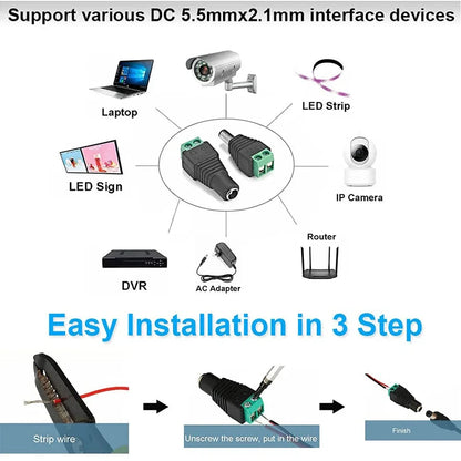 5pairs DC 12V Female And Male Connectors 5.5x2.1mm Power Plug Adapter Jacks Sockets For Signal Color LED Strip Light CCTV Camera Beauty World Shop