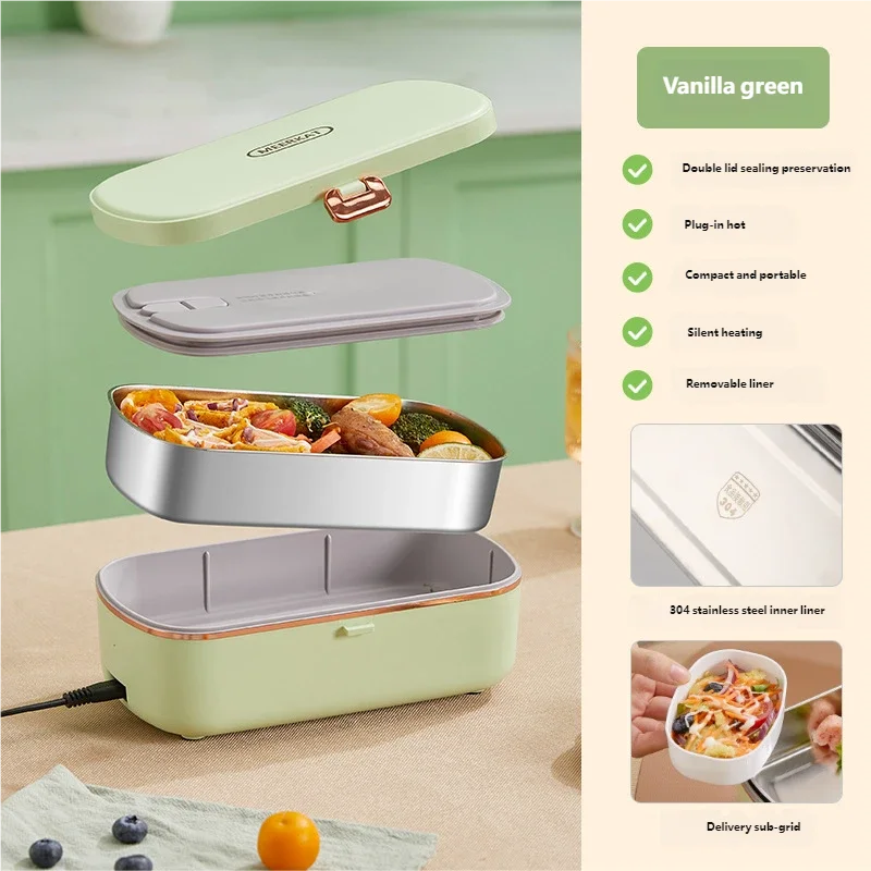 HOMEFISH Stainless Steel Electric Lunch Box Food Warmer Bento Box Water-Free Heating Office Lunch Container with Built-In Heater Beauty World Shop