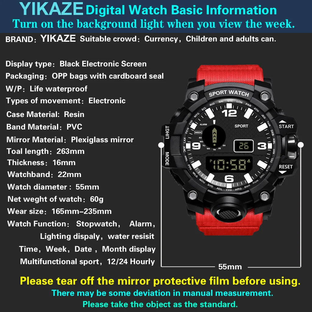 Fashion Men's Watch Sports Electronic Wristwatch Large dial Multifunctional Waterproof Luminous Alarm Kids Male's Military Watch Beauty World Shop