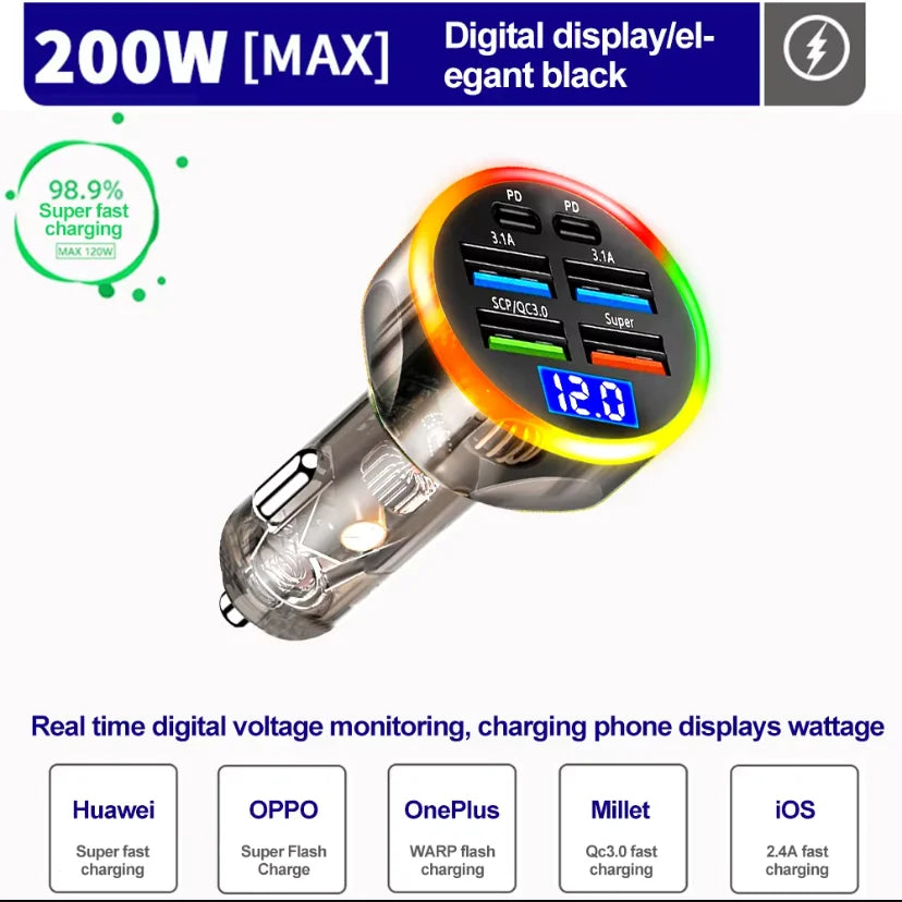 250W PD Car Charger QC3.0 Fast Charge two to Six Port Car Cigarette Lighter Plug Car Charger Flash Charge with Digital Display Beauty World Shop