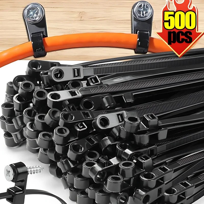 500/100PCS Screw Hole Cable Ties Reusable Fixed Nylon Cable Ties Self-locking Cord Ties Straps Fastening Loop Office Organizer Beauty World Shop