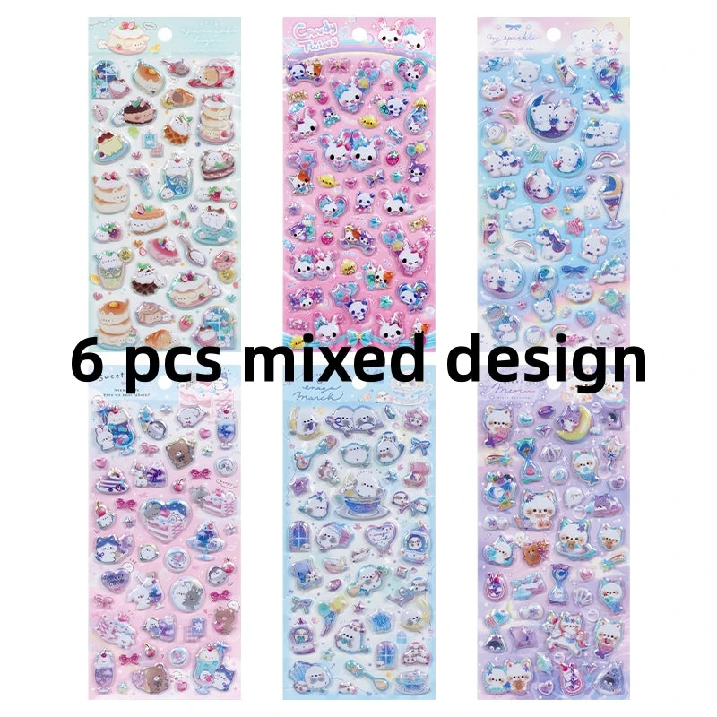 3 pcs/6 pcs Sweet Candy Pets Cat Coffee Cakes Flash Puffy 3D Stickers Scrapbooking Diy Diary Stationery Stickers School Supplies Beauty World Shop