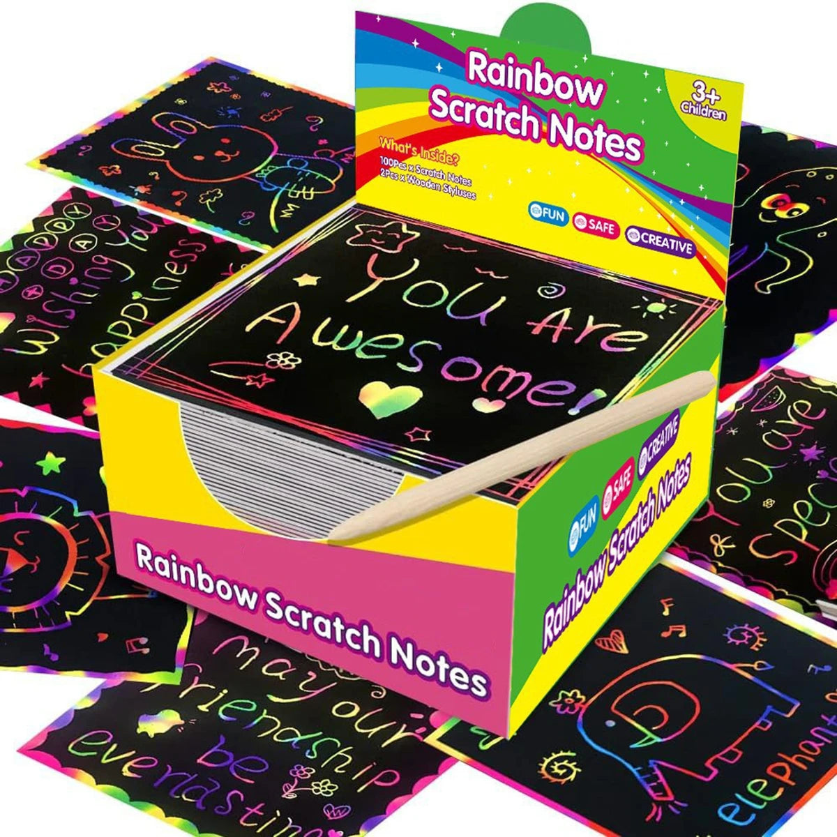 100pcs Scratch Paper Art Set Scratch Off Rainbow Magic Paper with 2 Bamboo Stylus Black Scratch Notes Xmas Birthday Gift Card Beauty World Shop