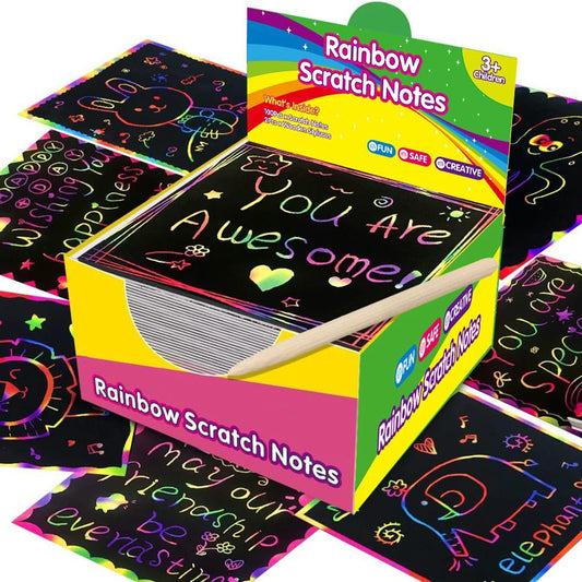 100pcs Scratch Paper Art Set Scratch Off Rainbow Magic Paper with 2 Bamboo Stylus Black Scratch Notes Xmas Birthday Gift Card Beauty World Shop