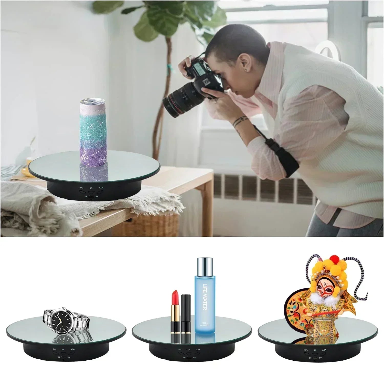 7.87 Inch 360 Degree Electric Rotating Stand with Remote Control for Jewelry Display,Photography and Video,3-position Adjustment Beauty World Shop