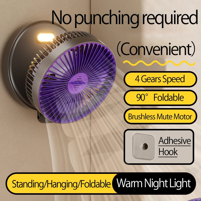 2024 New Rechargeable 3IN1 Multifunctional Portable Fan Wall Mounted Fan 90° Folding Fan 4 Gears With Warm Night Light Beauty World Shop