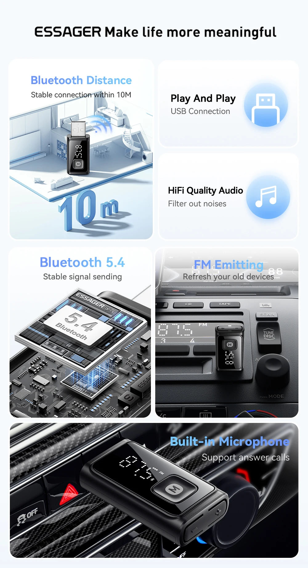 ESSAGER Bluetooth 5.4 Car Adapter Wireless FM Transmitter Audio Receiver&Handsfree Call Auto Stereo Mic Car Adapter Accessories Beauty World Shop