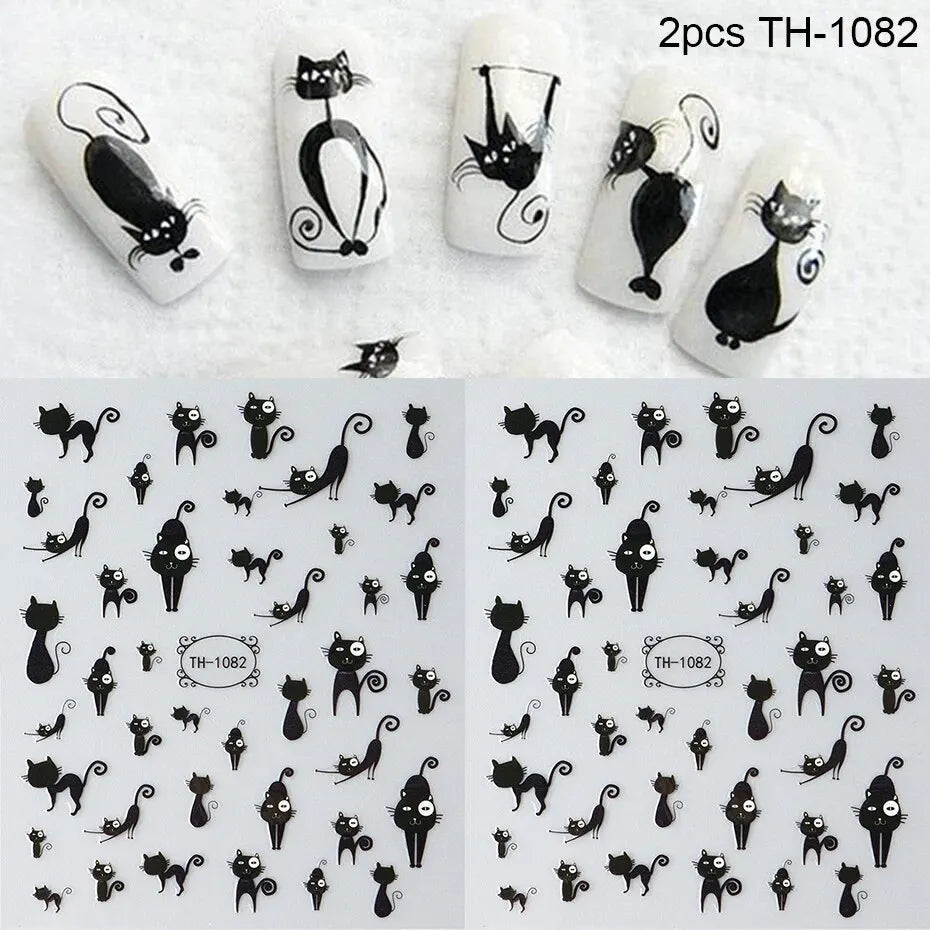 2pcs Black Cat Nail Stickers 3D Cute Cartoon Animal 3D Self-Adhesive Nail Art Decals Sliders Decorations Manicure Accessories Beauty World Shop
