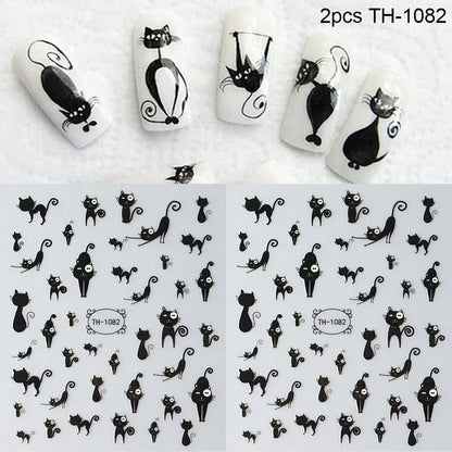 2pcs Black Cat Nail Stickers 3D Cute Cartoon Animal 3D Self-Adhesive Nail Art Decals Sliders Decorations Manicure Accessories Beauty World Shop