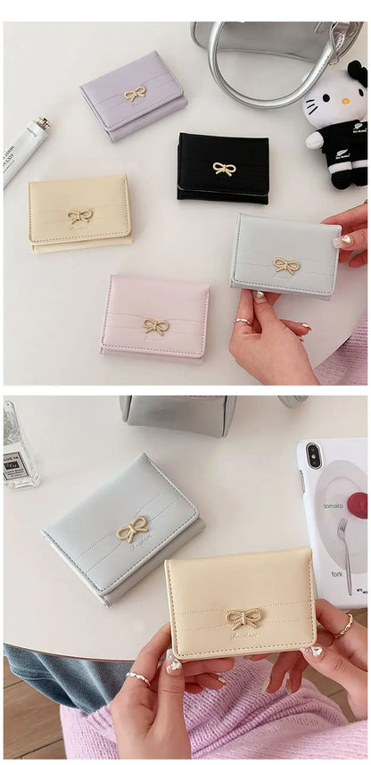 Fashion Wallets Girls Cute Bow Small Wallet Aesthetic Card Holder Classic Three Fold Purse For Women Student Simple Coin Pouch Beauty World Shop