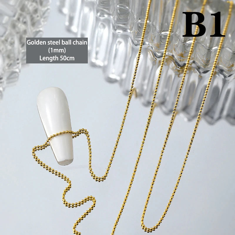 50cm 0.8mm Gold Silver Nail Bead Chain Charm Ellipse Stone Nail Art Decorations Giltter Metal Steel Ball Jewelry Accessory Beauty World Shop