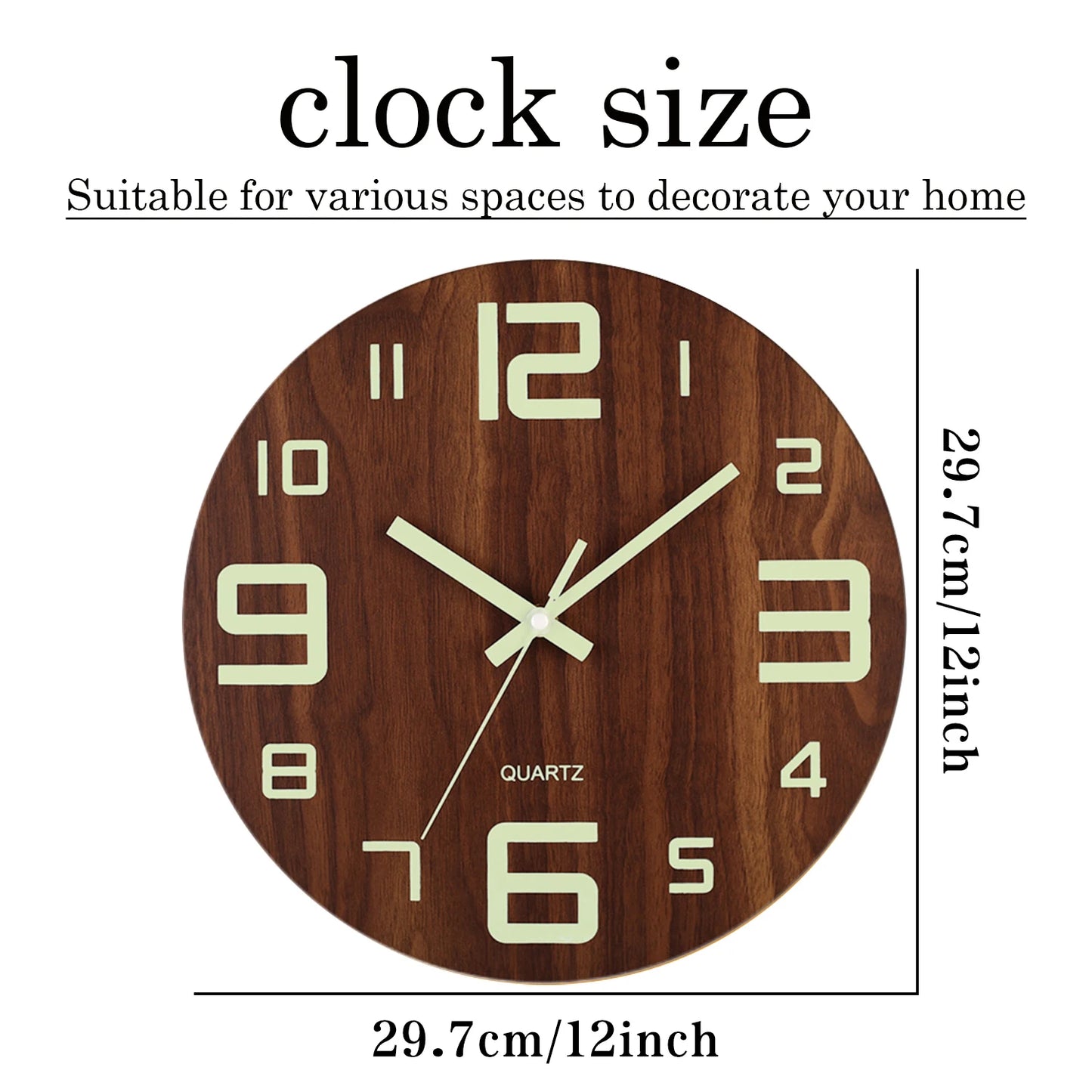 12 Inch Luminous Wall Clock Wood Silent light in dark night Nordic Fashion Wall Clock Non Ticking Clock With Night Light Beauty World Shop