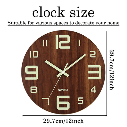 12 Inch Luminous Wall Clock Wood Silent light in dark night Nordic Fashion Wall Clock Non Ticking Clock With Night Light Beauty World Shop