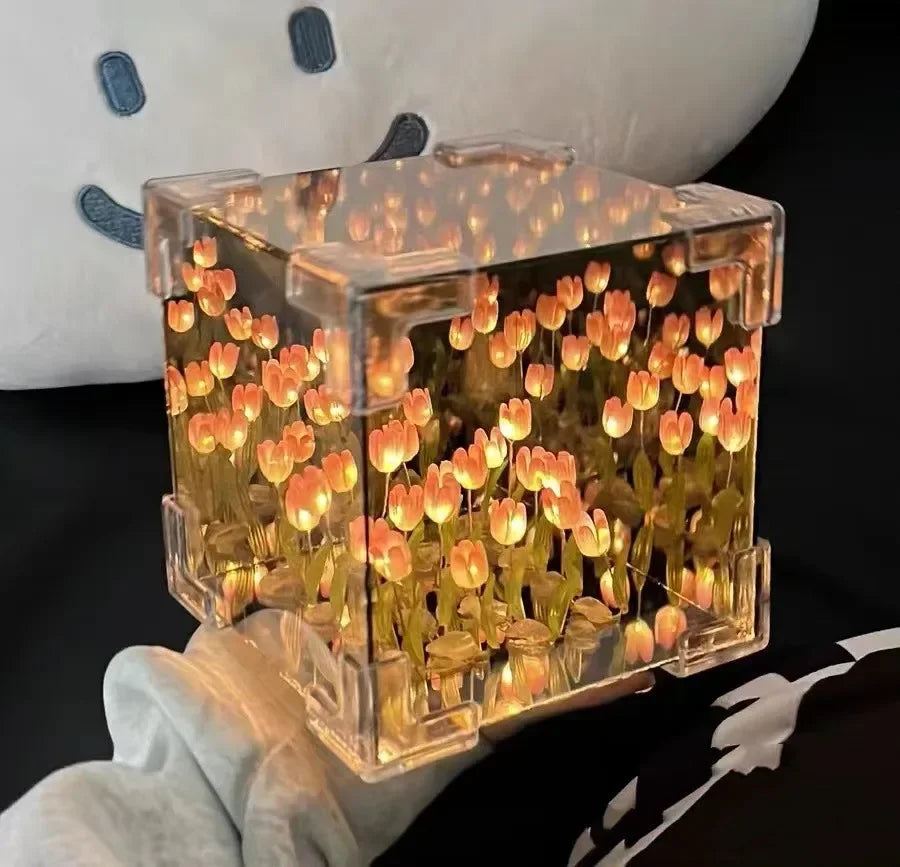 Creative Diy Tulip Flower Sea Cube Three-Dimensional Small Night Lamp Material Package for Girlfriend Couple Girlfriends Beauty World Shop