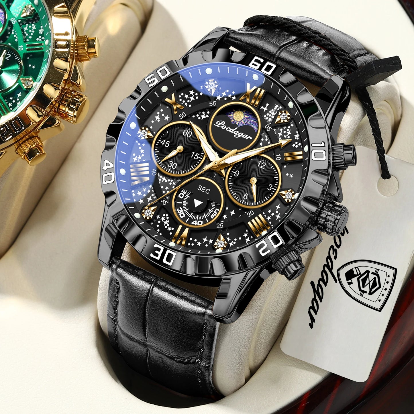 POEDAGAR Top Functional Luxury Man Wristwatch Waterproof Luminous Chronograph Leather Sports Watches For Men Quartz Men's Watch Beauty World Shop