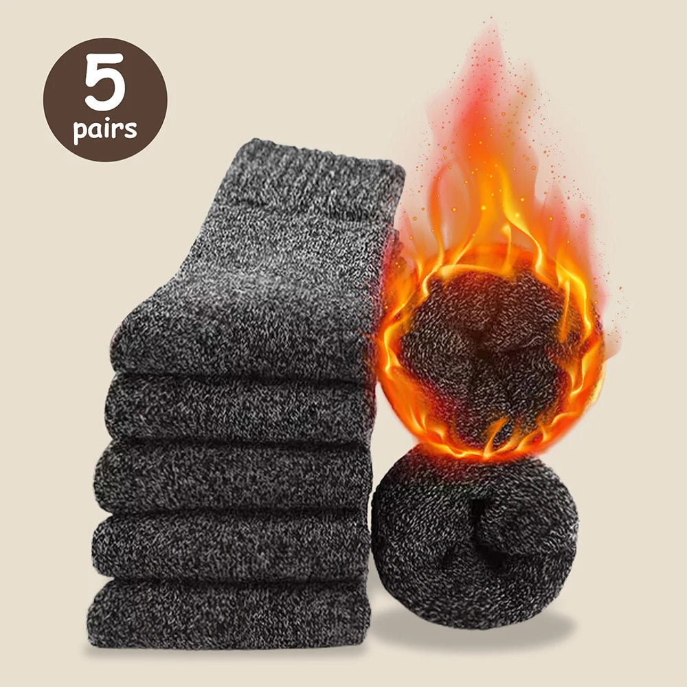 3/5 Pairs Men's Winter Warm Socks, Thick Towel Mid-Calf Socks, Anti-Cold Snow Boots Socks Elastic Solid Color Beauty World Shop