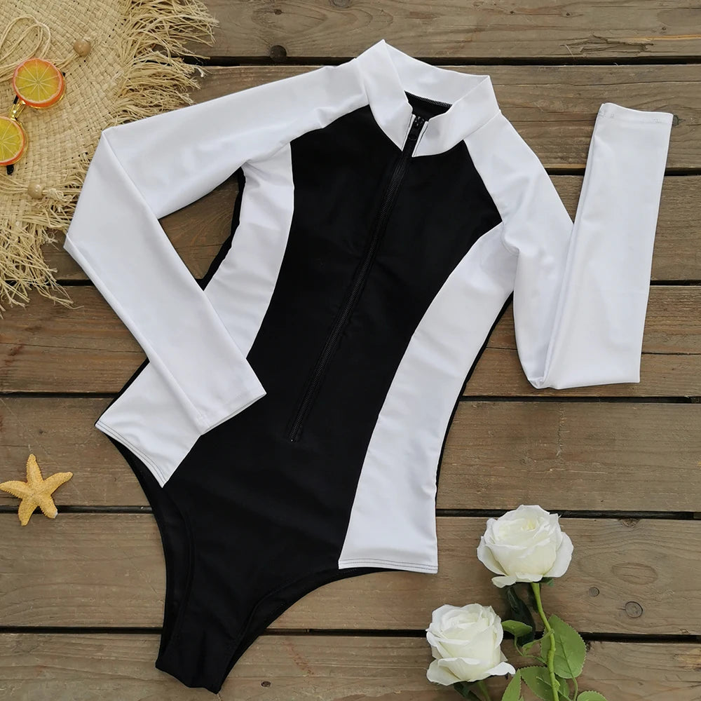 2026 Surfing Sport Swimsuit Long Sleeves Women One Piece Swimsuit  Swimwear Solid Monokini Bathing Suit Tropical Bodysuit Female Beauty World Shop