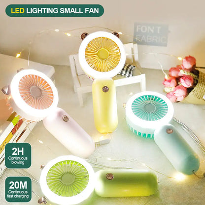 USB Handheld Mini Fan Foldable Portable Neck Hanging Fans 3 Speed USB Rechargeable Fan With LED Small Night Light Summer Gifts