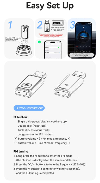 ESSAGER Bluetooth 5.4 Car Adapter Wireless FM Transmitter Audio Receiver&Handsfree Call Auto Stereo Mic Car Adapter Accessories Beauty World Shop