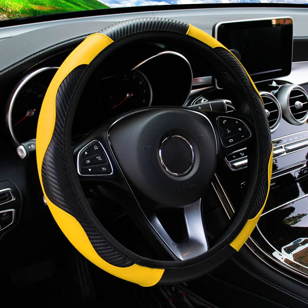 PU Carbon Fiber Leather Car Steering Wheel Cover without Inner Ring Suitable for 14.5-15 Inches of Automotive Supplies Beauty World Shop