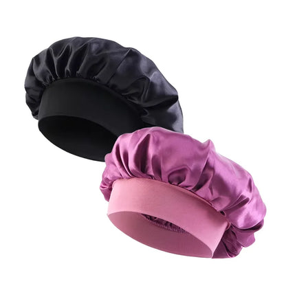 New Women's Satin Solid Wide-brimmed Sleeping Hat Unisex Head Wrap Elastic Band Cap Hair Care Bonnet Night Hat bonnet de nuit Beauty Fashion