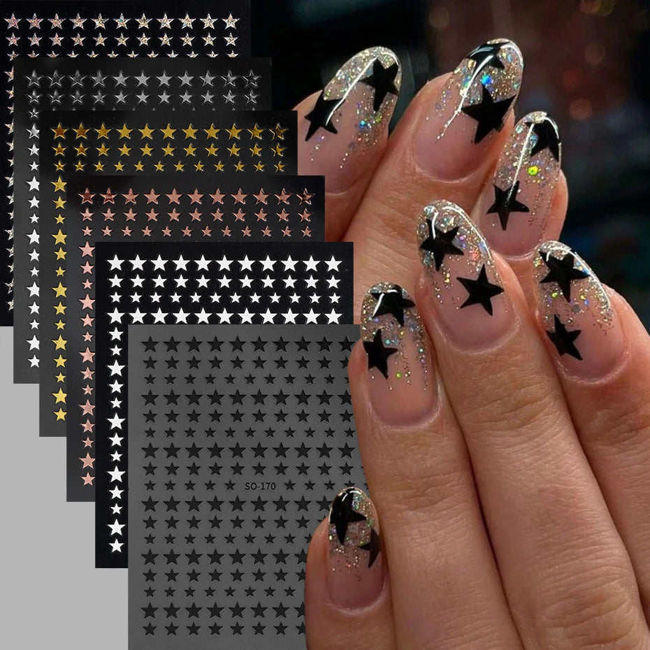 3D Black Pink Stars Stickers for Nails Golden Silvery Stars Adhesive Nail Decals Autumn Winter Festival DIY Nail Art Accessories Beauty World Shop