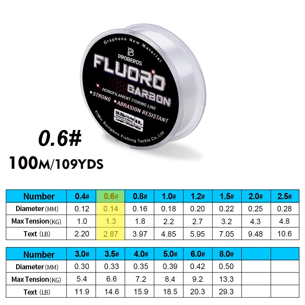 PROBEROS 100M Fluorocarbon Coating Fishing Line 2.2LB-29.3LB Carbon Fiber Monofilament Leader Line Carp Fishing Sinking Line Beauty World Shop