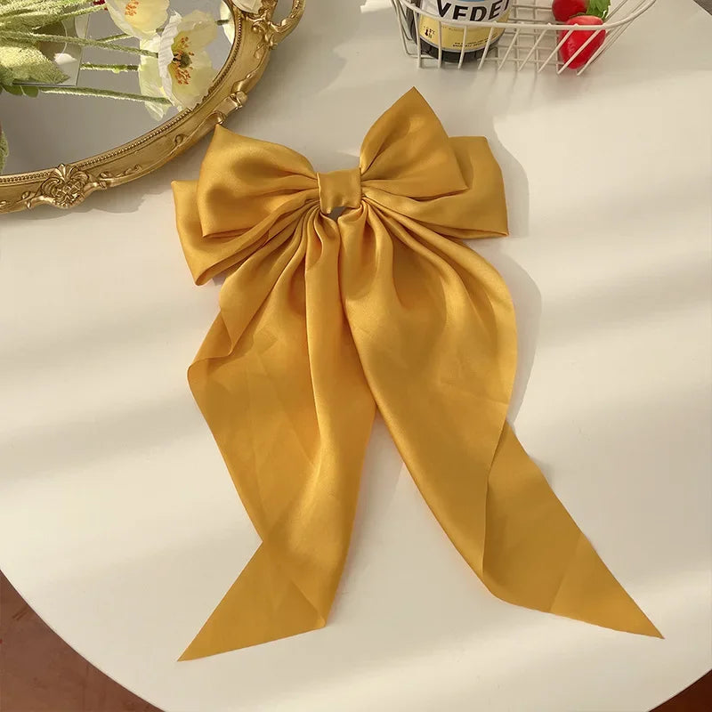 Korean Accessories Hair Clips for Women Girls Big Bowknot Solid Satin Long Ribbon Bows Spring Clamp Barette Cheveux Femme 2023 Beauty World Shop