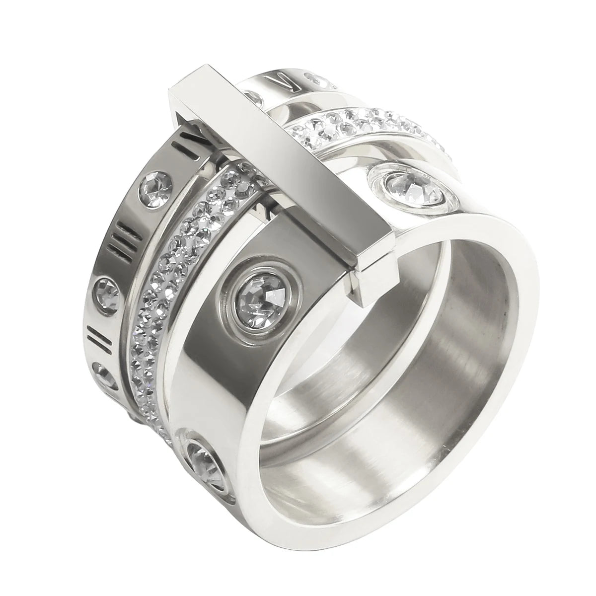 Three Layers Roman Numerals Ring for Women Luxury Stainless Steel Rotatable Crystal Finger Rings Female Wedding Trendy Jewelry Beauty World Shop