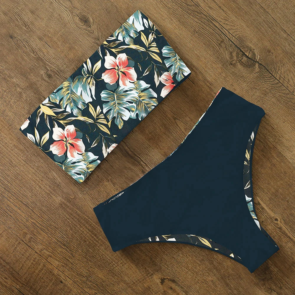 2025 New Sexy Low Hight Bikini Set Swimwear Women Bandeau Female Print Floral Strappy Swimsuit Bathing Suit Beach Wear Biquini Beauty World Shop